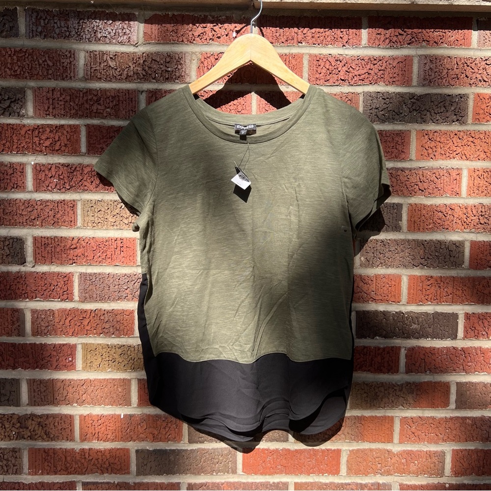 Express Olive Green and Black Color Block Short Sleeve Chiffon Top